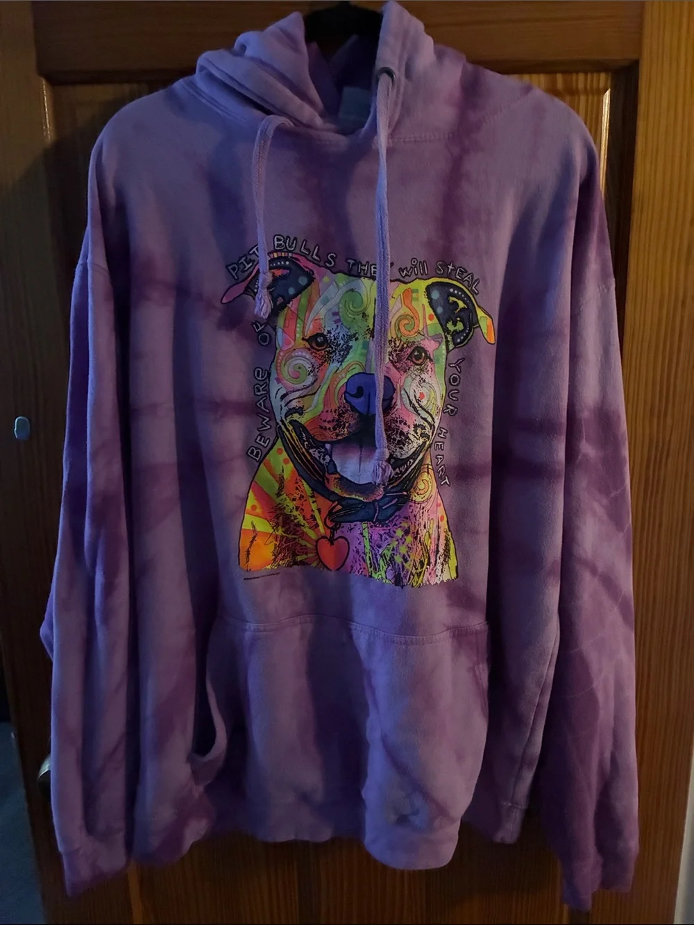 Purple Tie-Dye Dog Hoodie with Colorful Pit Bull Graphic